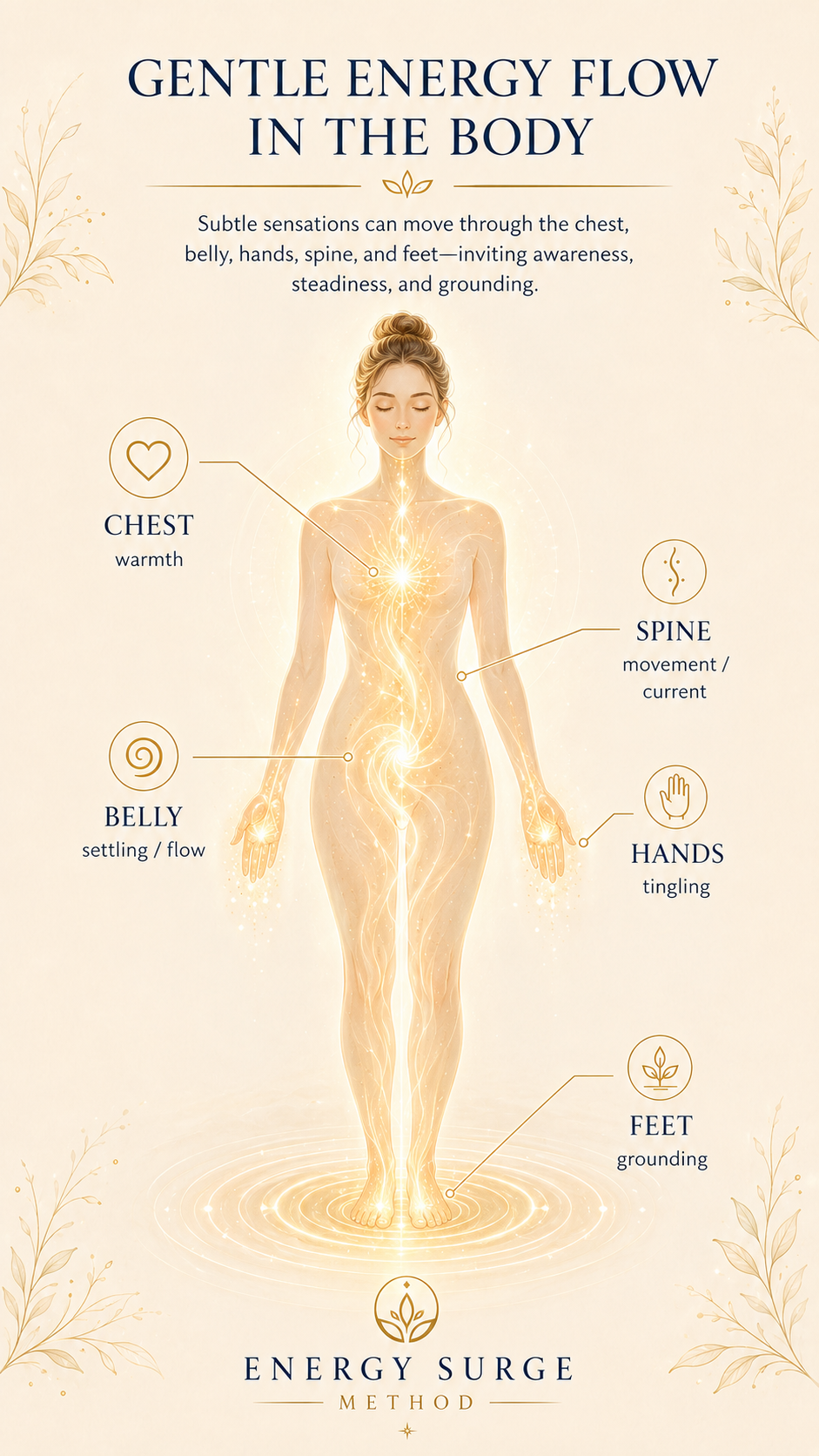 Body warmth zones infographic showing heat in the chest, belly, hands, spine, and grounding at the feet