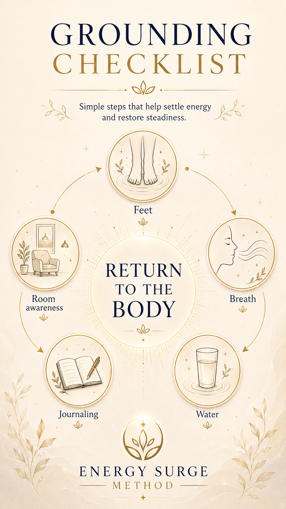 Grounding steps infographic showing feet, breath, room awareness, water, and journaling