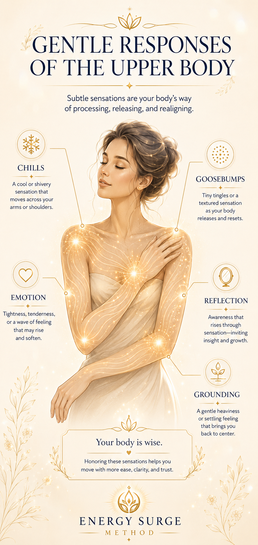 Spiritual chills and goosebumps infographic showing gentle waves across the arms, shoulders, spine, and chest