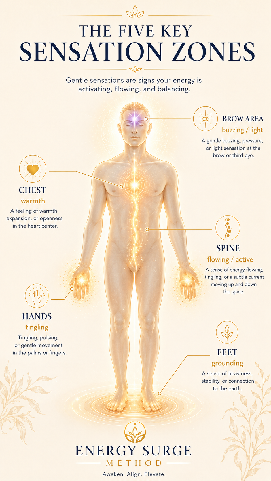Five spiritual energy sensation zones infographic showing hands tingling, chest warmth, brow buzzing, spine flow, and feet grounding