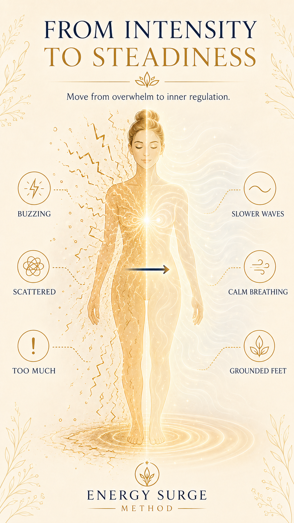 Spiritual overstimulation infographic showing too much intensity shifting toward steadiness and grounding