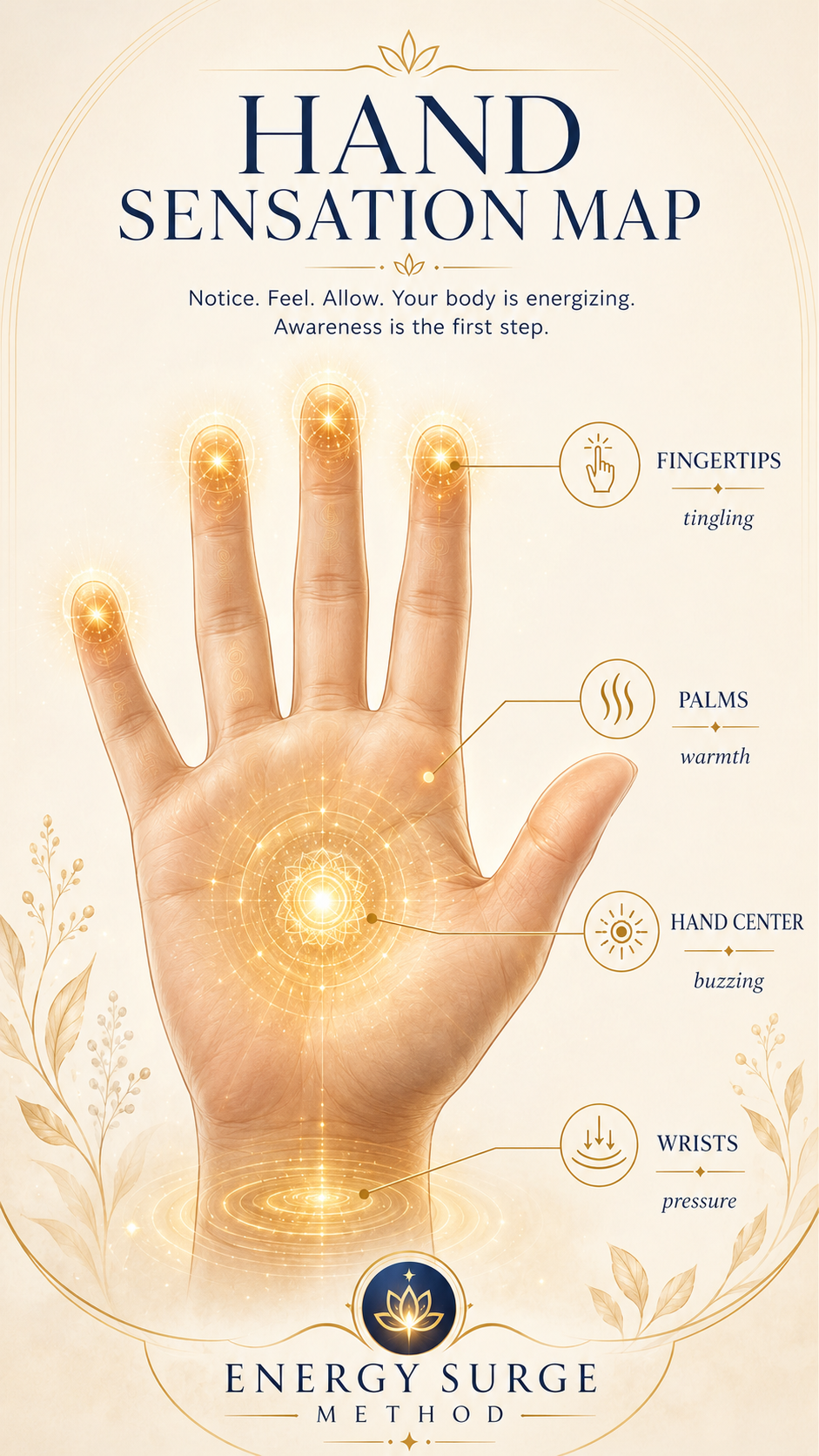 Hand sensation zones infographic showing tingling, warmth, pressure, and buzzing in the palms and fingertips